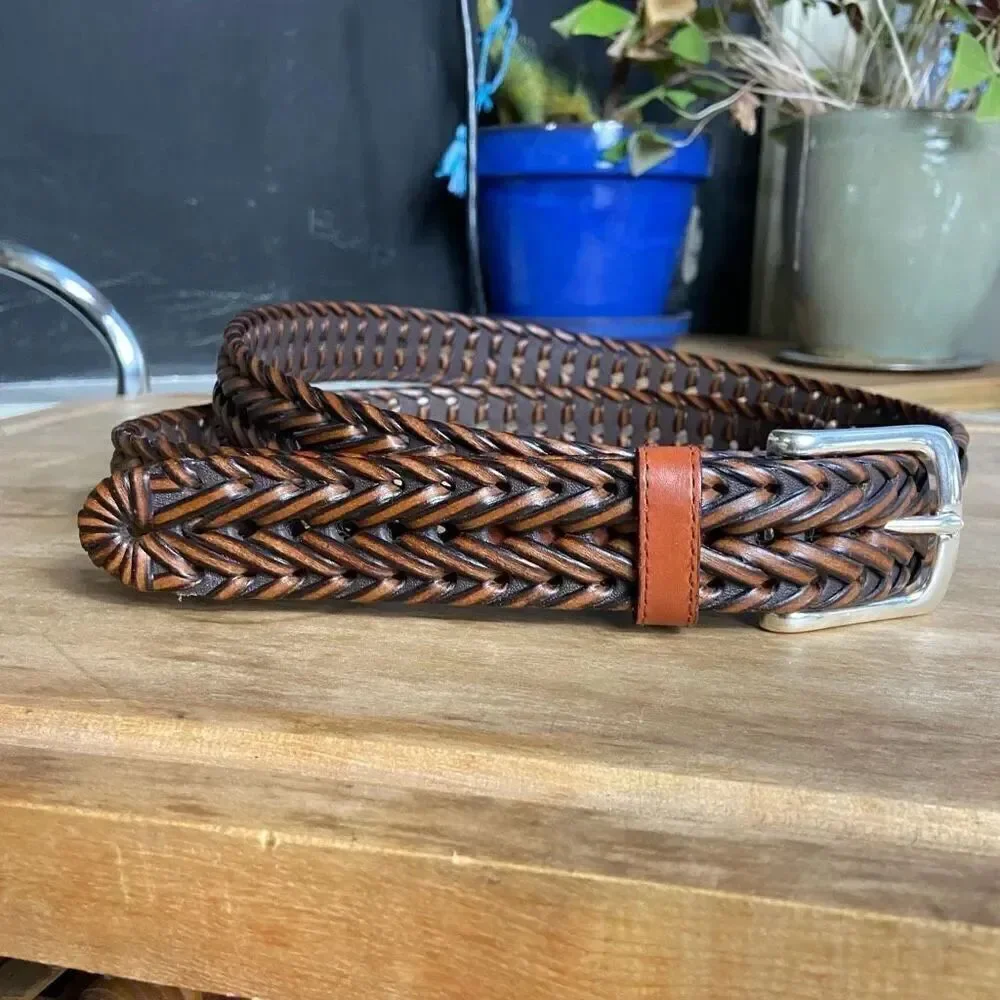 Dockers Men's Brown Braided Leather & Faux Leather Belt Silver Metal Buckle - XL
